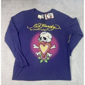 NWT Ed Hardy by Christian Audigier Skull in Love LS Shirt PurpleSZ 2X $188